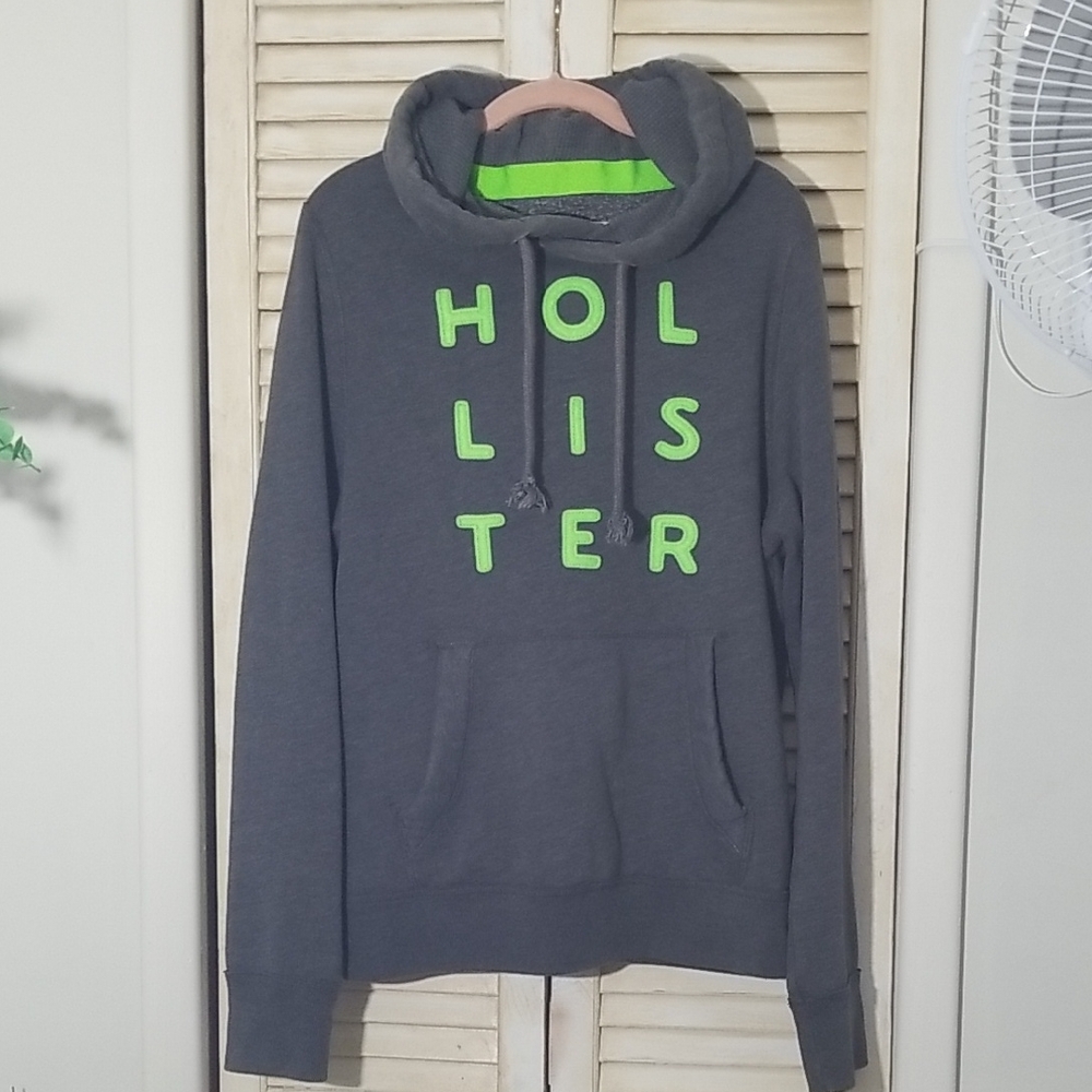 Y2K Hollister Men's Charcoal Hoodie with Neon Green Raised Logo